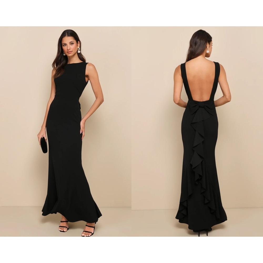 Lulus Exquisite Refinement Black Backless Bow Ruffled Maxi Dress Size XS